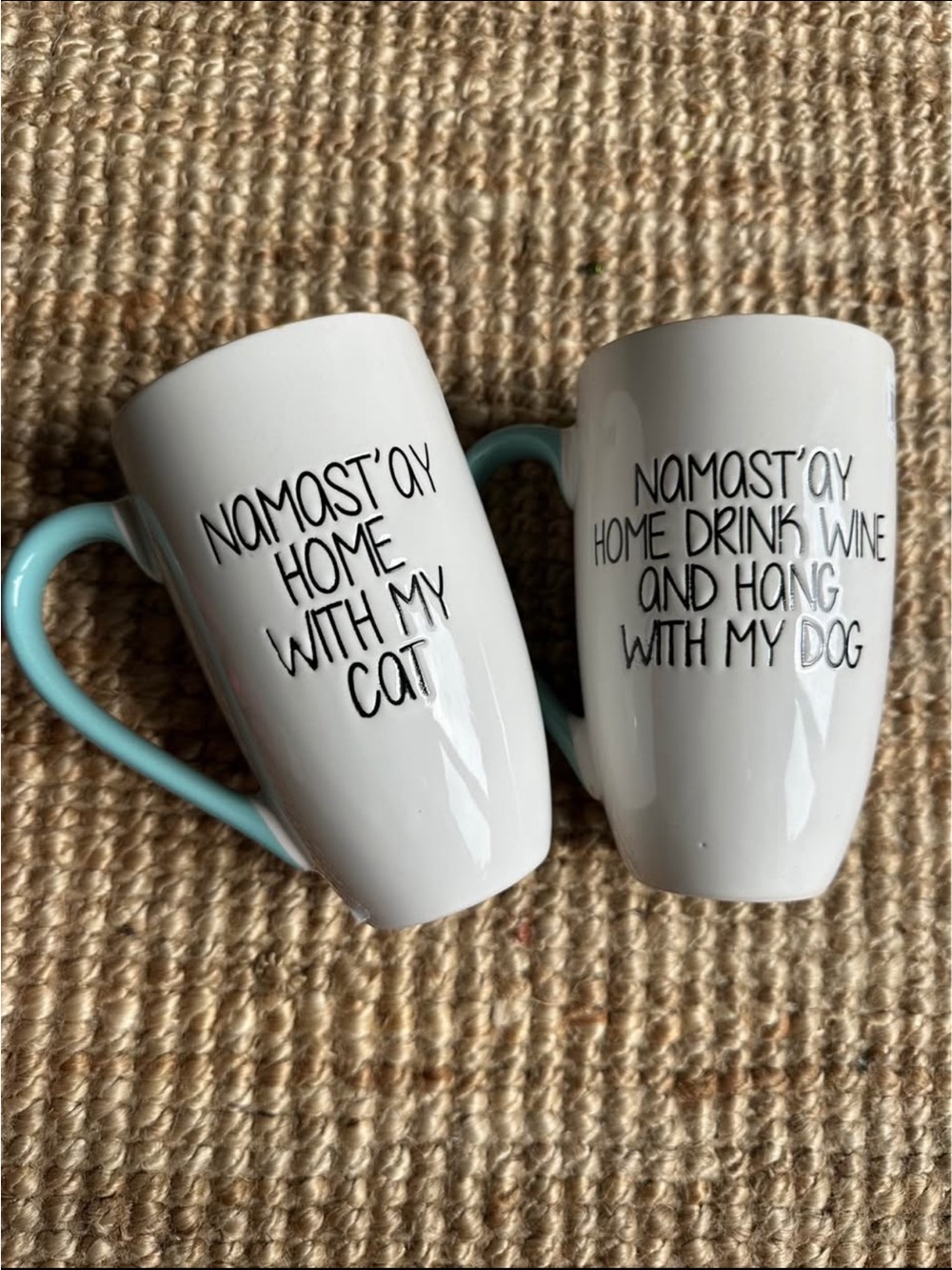 White Ceramic Mug with Light Blue Handle - Namast'ay Home With My Cat